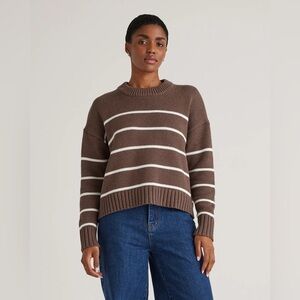 Quince 100% Organic Cotton Striped Crew Sweater | Heather Brown/Ivory